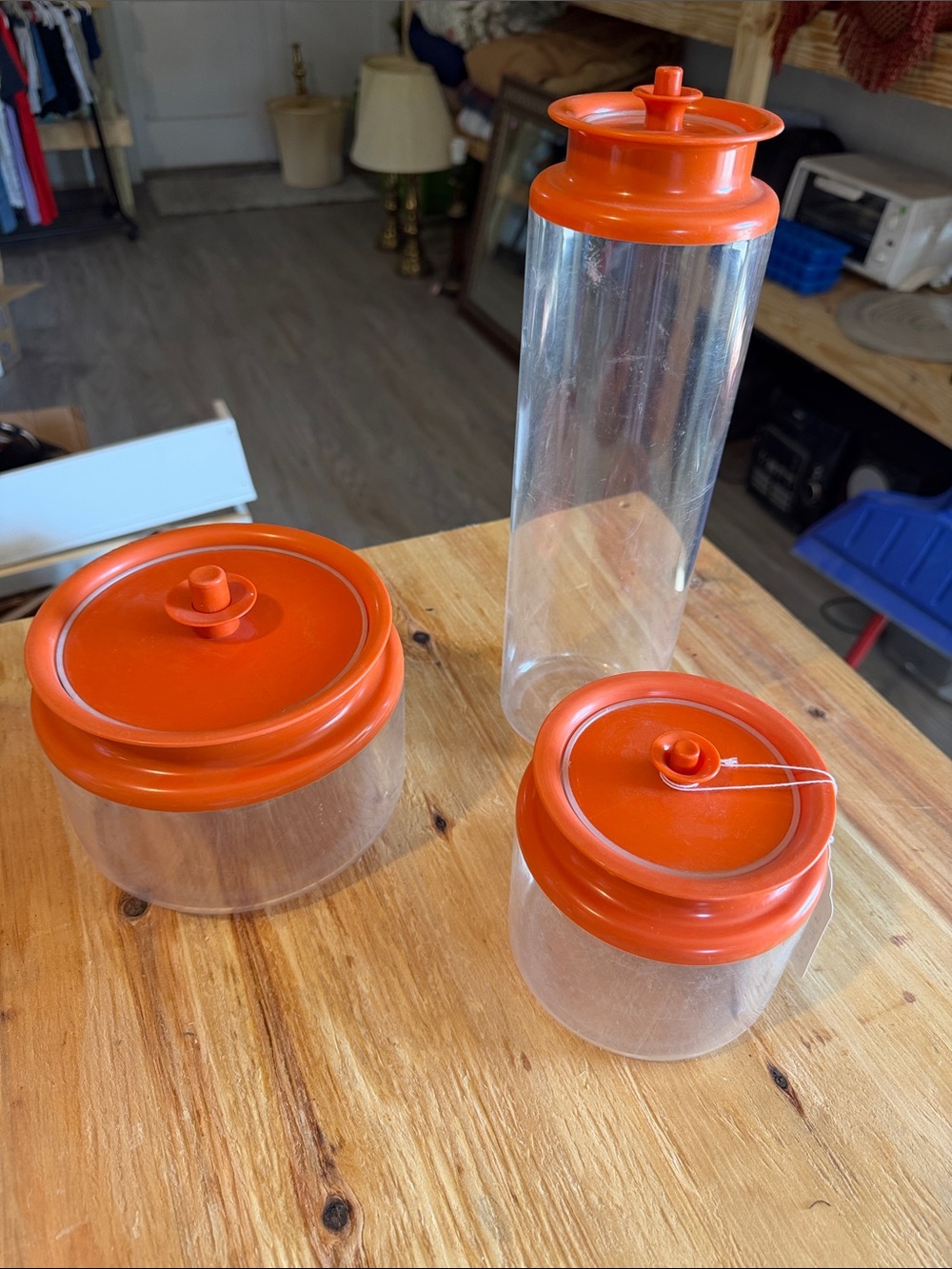 Tupperware Vintage Clear Storage Canisters with Orange Lids - 3 Pieces